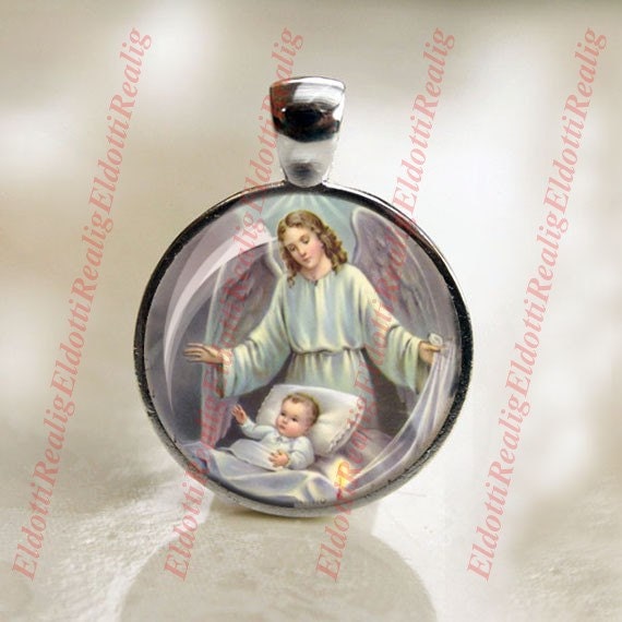 Guardian Angel - Catholic SIlvertone Medal Pendant /Charm Cabochon Religious Jewelry