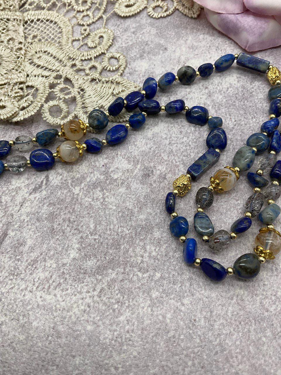 Our Lady of Czestochowa Necklace — Lapis Lazuli Beaded Necklace with Gray Glass, Black Madonna Catholic Jewelry, Handmade Religious Necklace