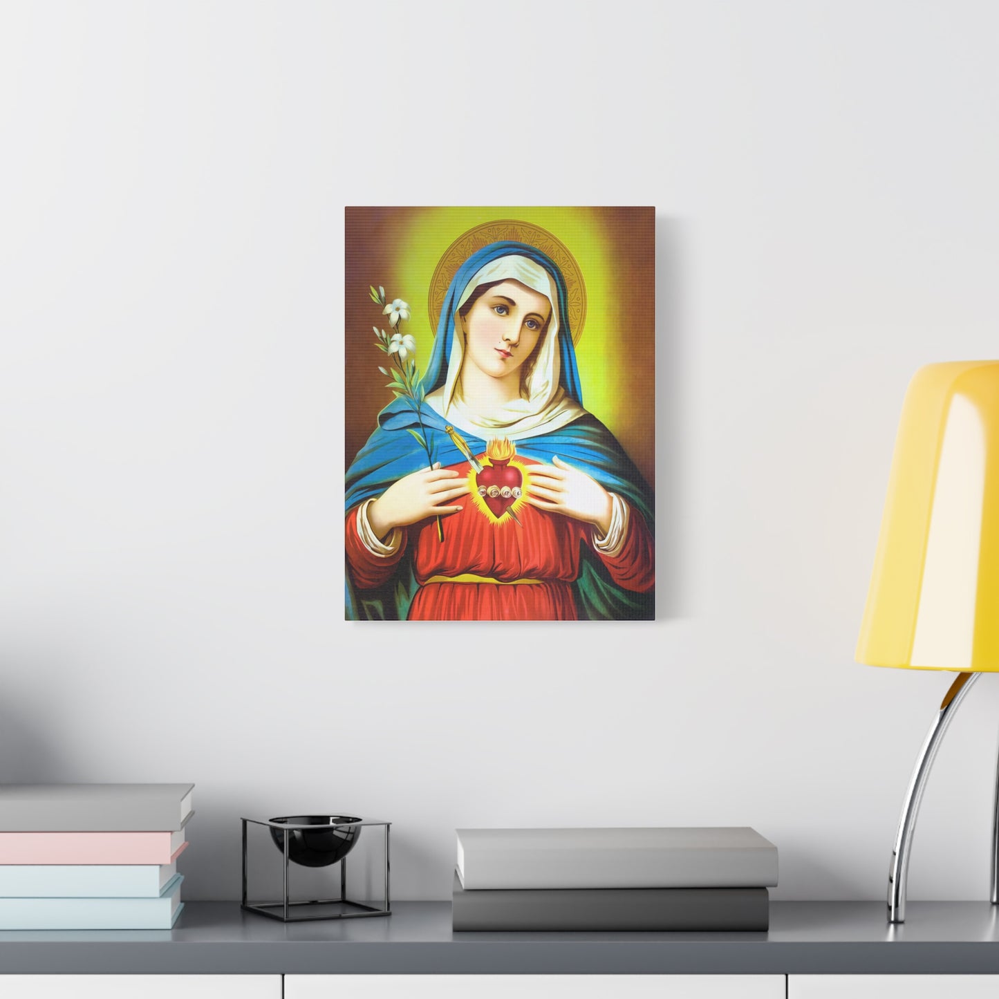 Ready To Hang - Mother Mary Immaculate Heart and Lilies Catholic Canvas Wall Art, Christian Decor