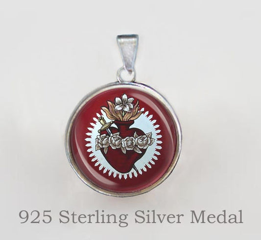 Immaculate Heart of Mary Red Color - Christian Religious Christian Medal. 925 Sterling Silver Pendant