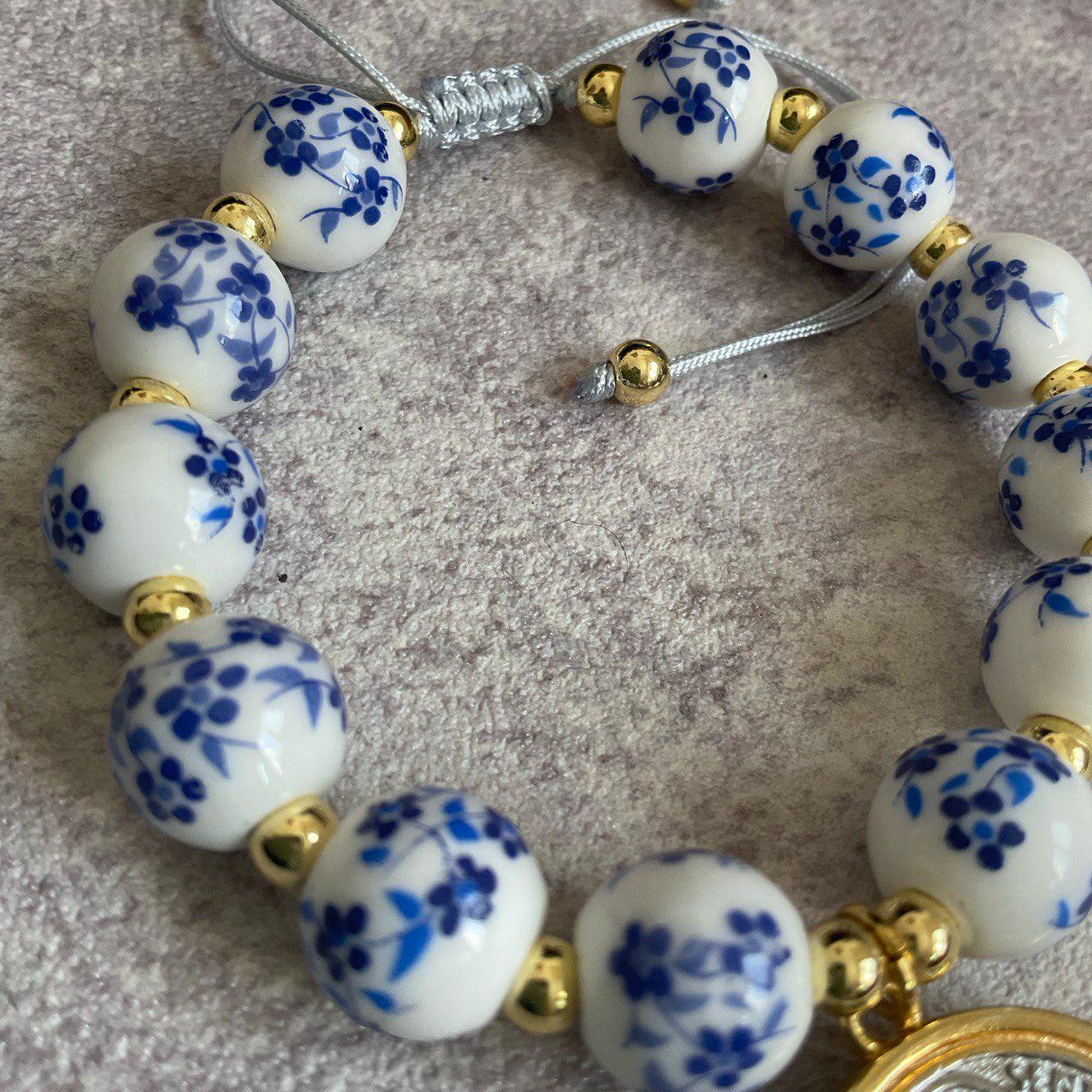 Saint Benedict Pendant Charm Bracelet - Porcelain Beaded Catholic Bracelet, Blue and White Floral Design, Adjustable Cord 18K Gold Plated