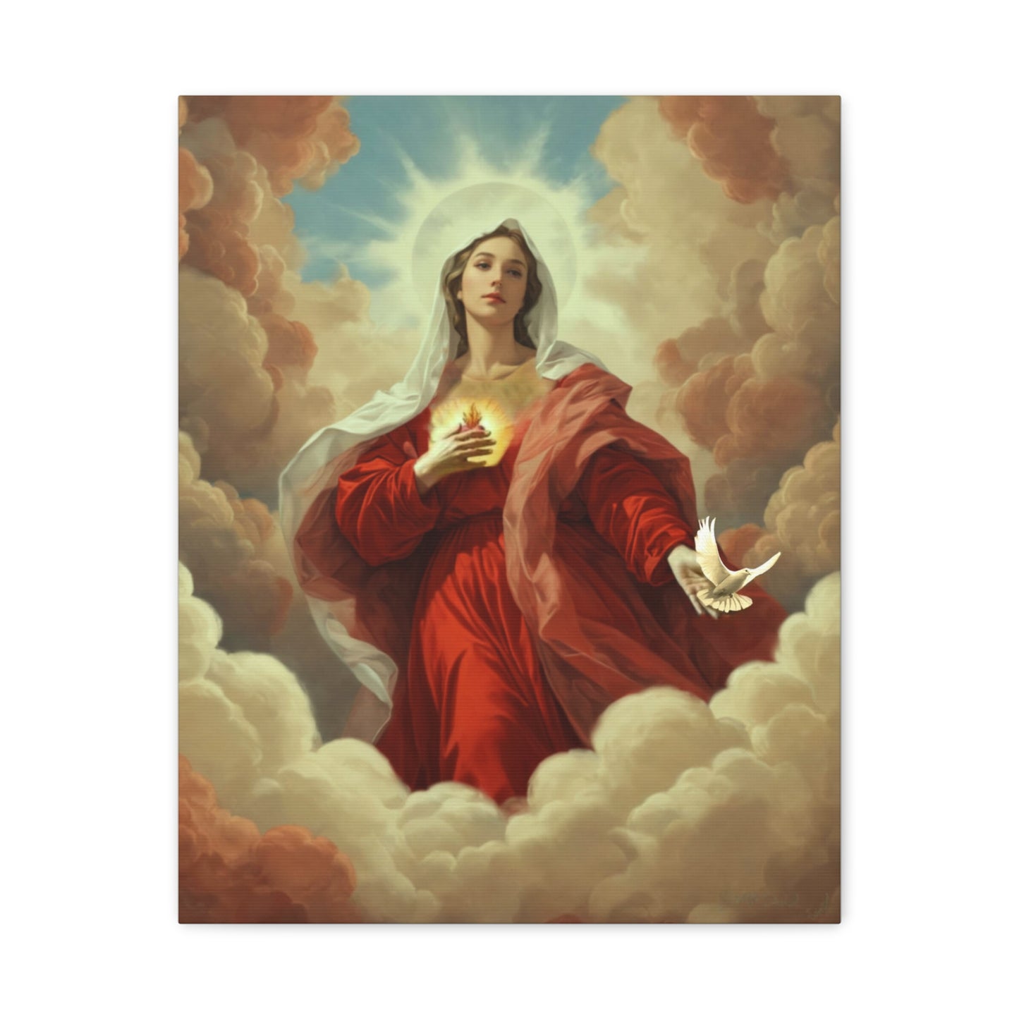 Mother Mary with Dove Heaven Catholic Canvas Wall Art, Christian Decor