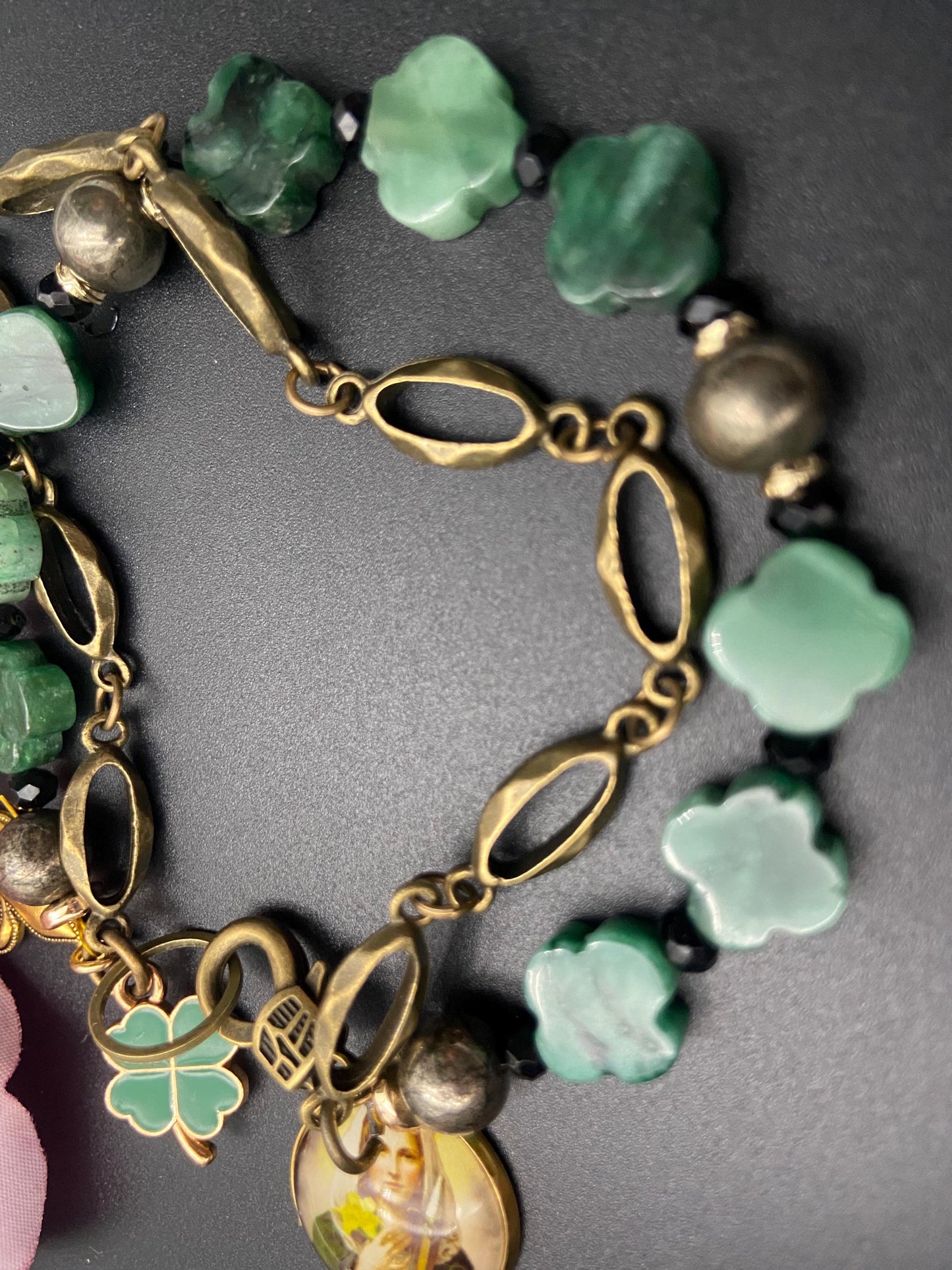 St Dymphna Catholic Bracelet with Emerald Clover Beads Fleur-de-lis