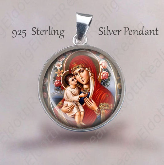 Mother Mary with Baby Jesus and Roses Medal. Sterling Silver 925 Virgin Mary Christian Pendant 20mm Jewelry Round Medal NEW