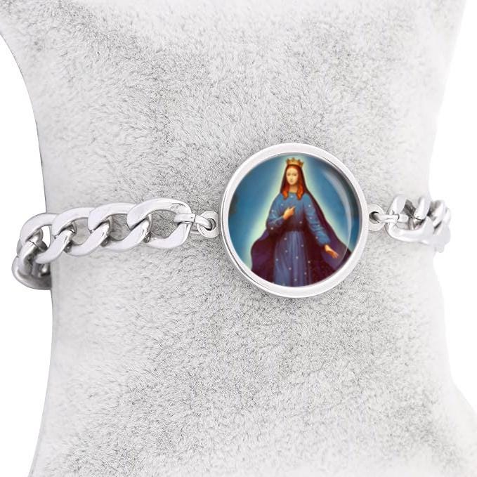 Our Lady Pontmain Curb Bracelet Gold or Silver tone Religious Jewelry Simple Chain