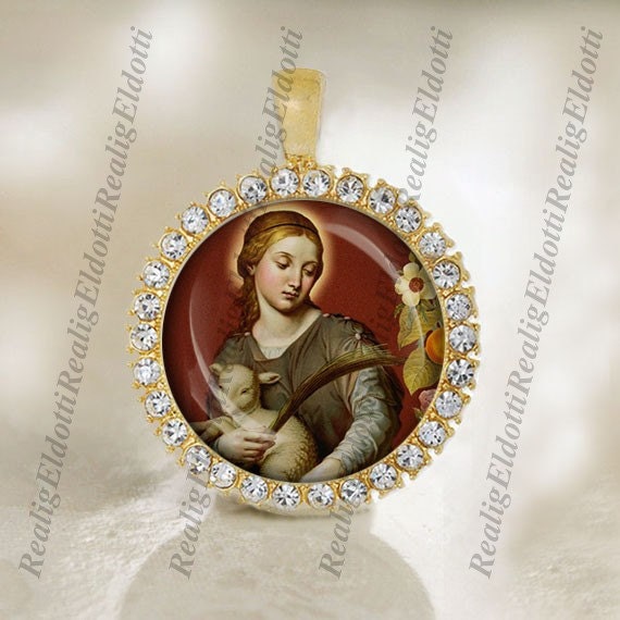 St Agnes Religious Christian Gold Patron Saint Catholic Medal Cabochon Pendant
