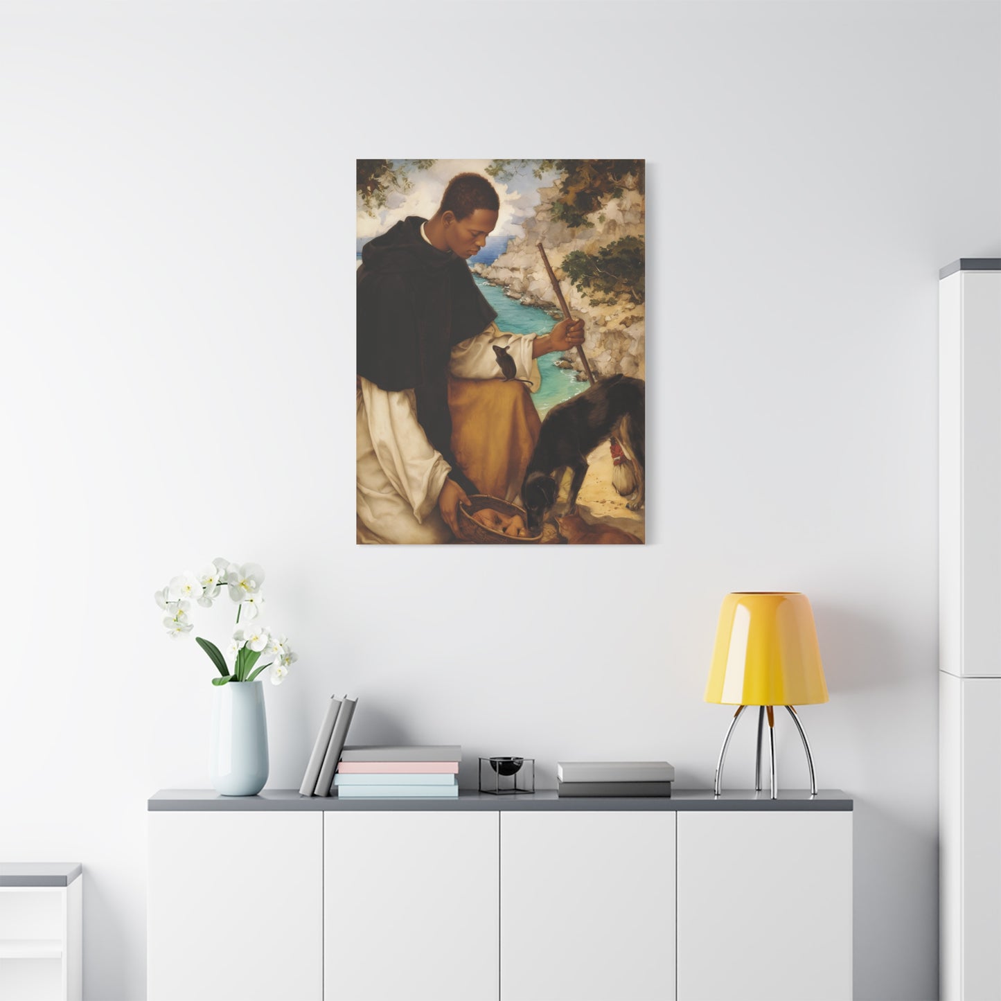 Ready To Hang - St. Martin de Porres with Mouse and Dog Catholic Canvas Wall Art - Christian Decor