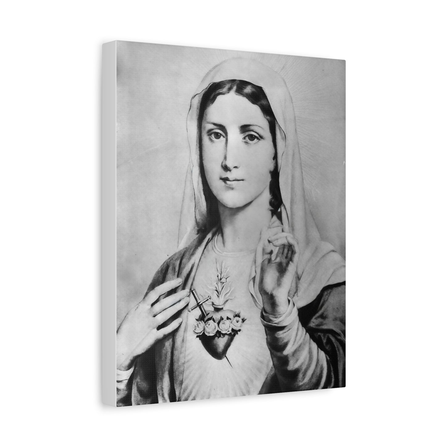Ready To Hang - Black and White Mother Mary Immaculate Heart Catholic Canvas Wall Art, Christian Decor