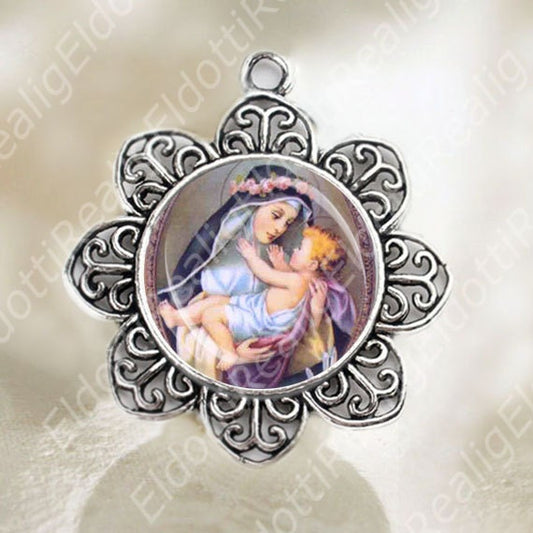 St. Rose of Lima Catholic Medal Christian Flower Shaped Silver Tone Jewelry