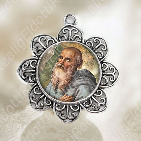 St. Benedict Medal Catholic Christian Flower Shaped Silver Tone Jewelry