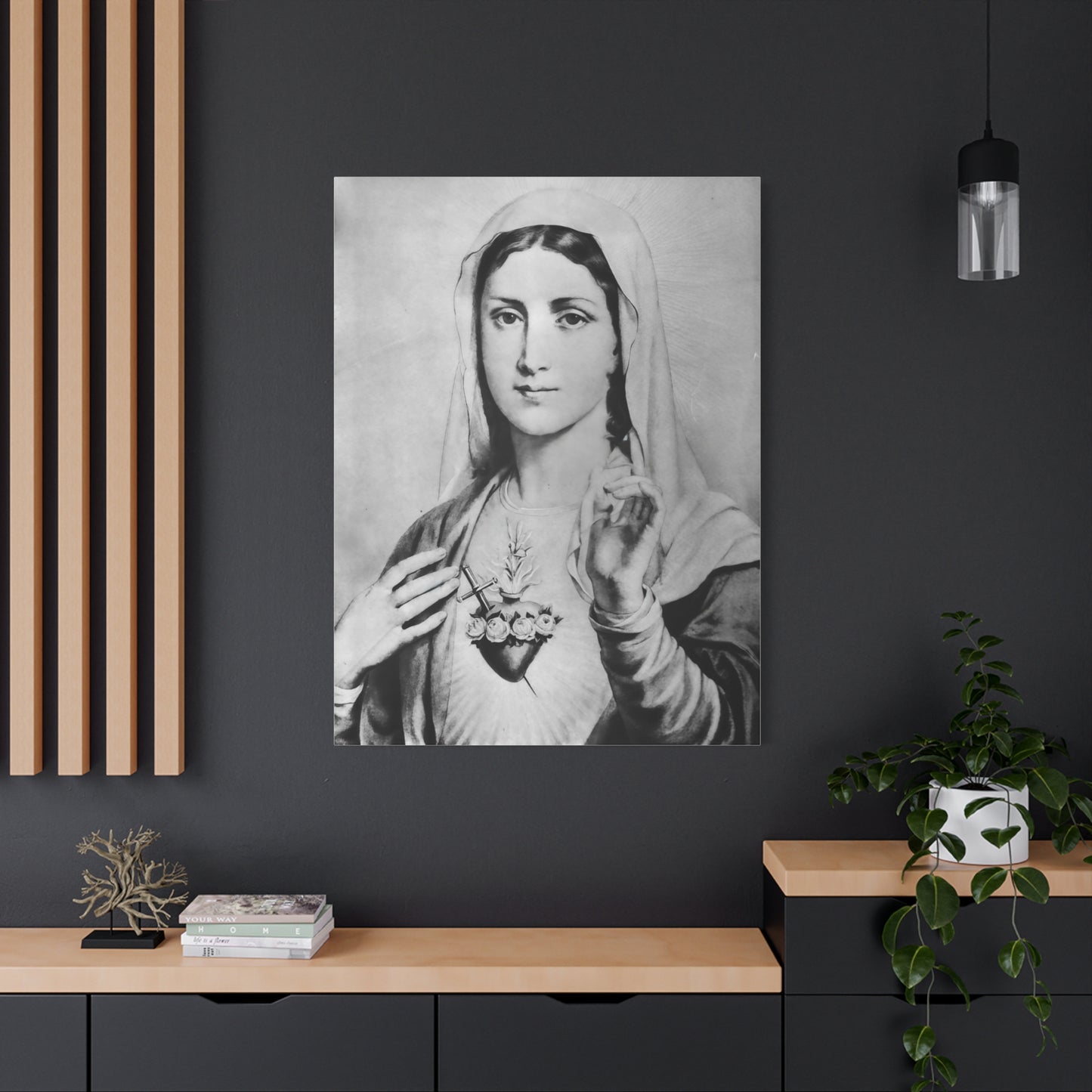 Ready To Hang - Black and White Mother Mary Immaculate Heart Catholic Canvas Wall Art, Christian Decor