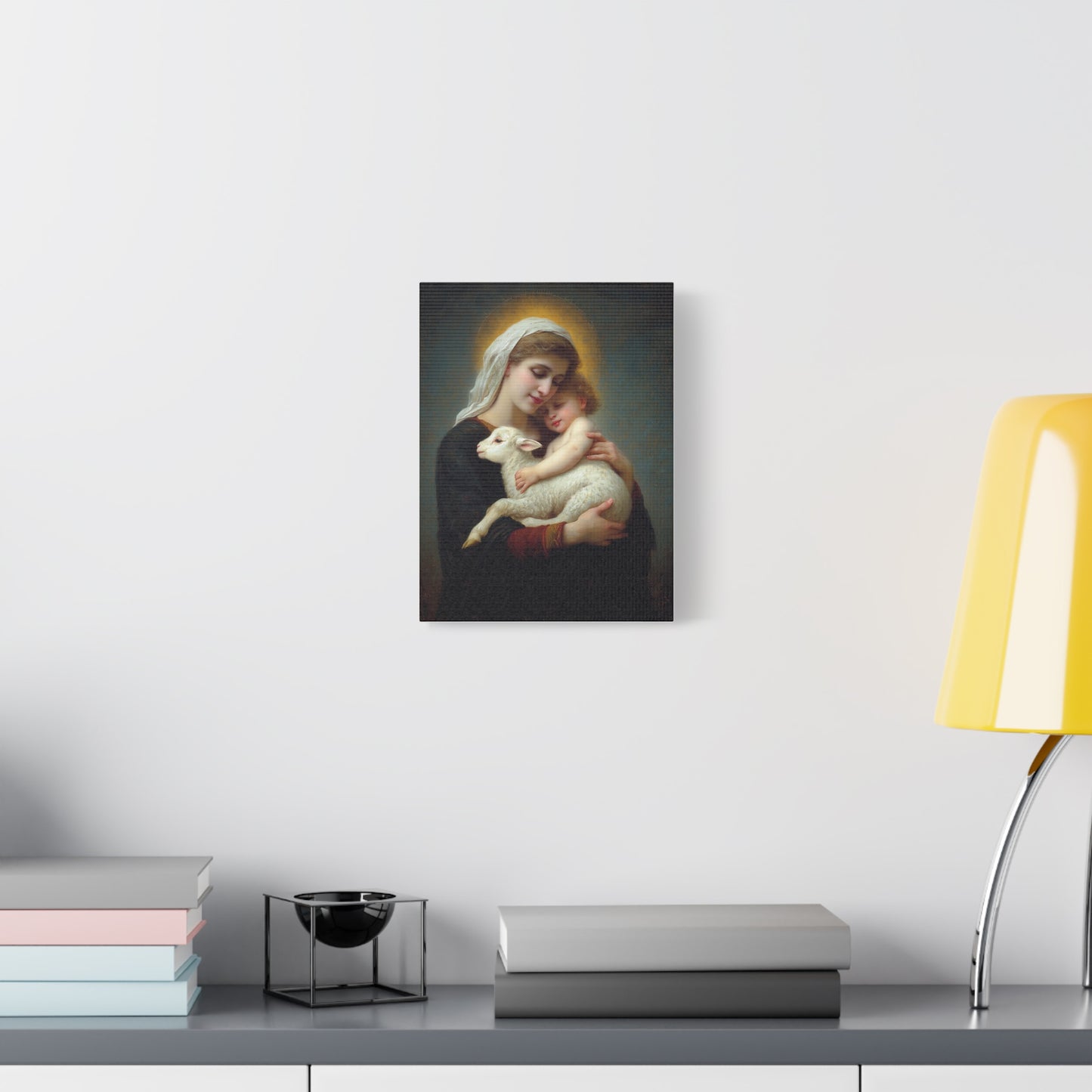 Mother Mary with Baby Jesus and Lamb Catholic Canvas Wall Art, Christian Decor