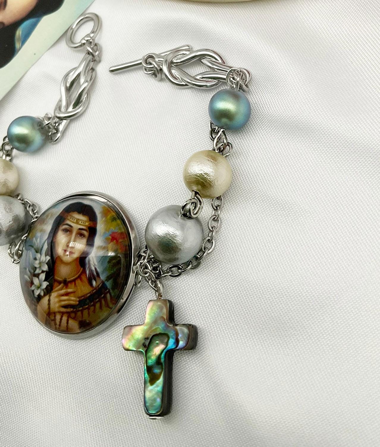 St Kateri Tekakwitha Bracelet - Catholic Bracelet with Cotton and Fresh Water Pearls - Custom Available!