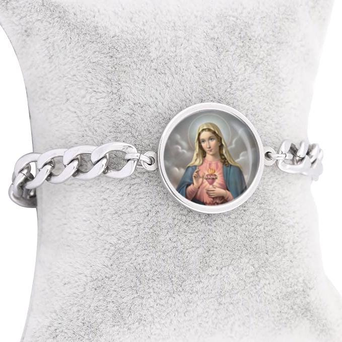 Our Blessed Lady Immaculate Heart Curb Bracelet Gold or Silver tone Religious Jewelry Simple Chain
