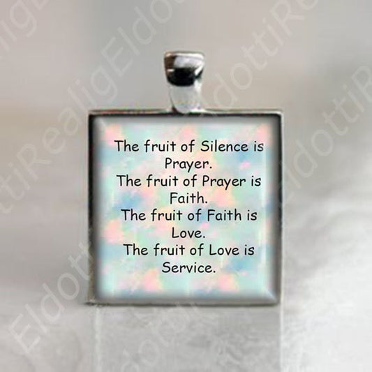 The fruit of Silence is Prayer Quote Mother Teresa Catholic Medal Silvertone Square Pendant