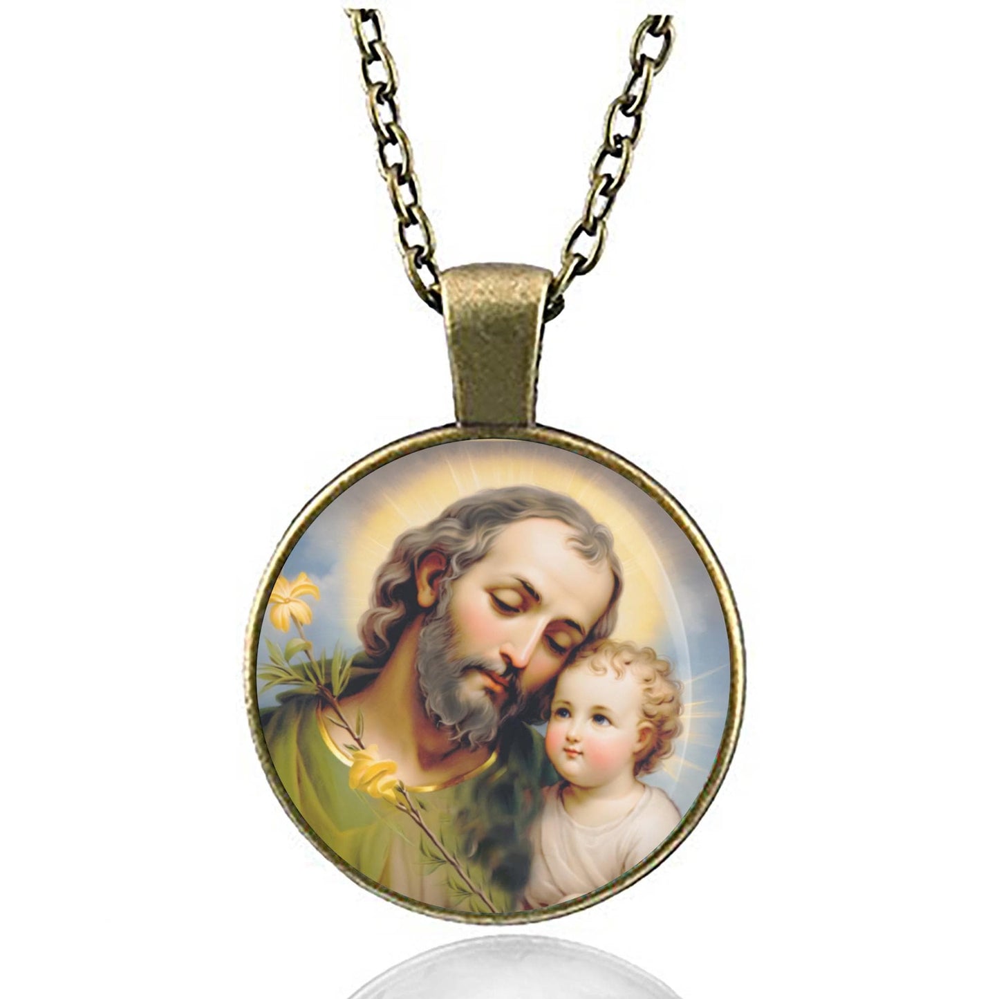 Saint Joseph with baby Jesus Necklace Medal Religious Pendant Charm