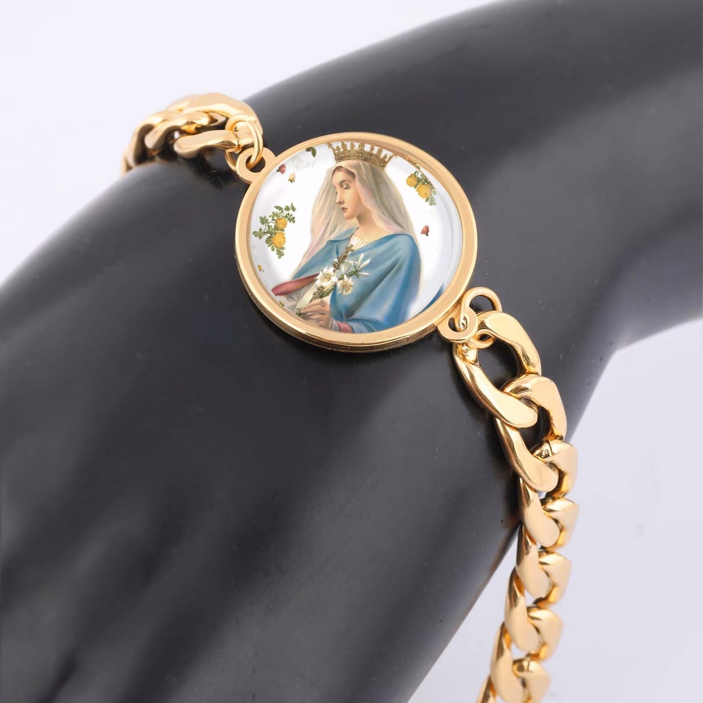 Our Lady Crown Regina Curb Bracelet Gold or Silver tone Religious Jewelry Simple Chain