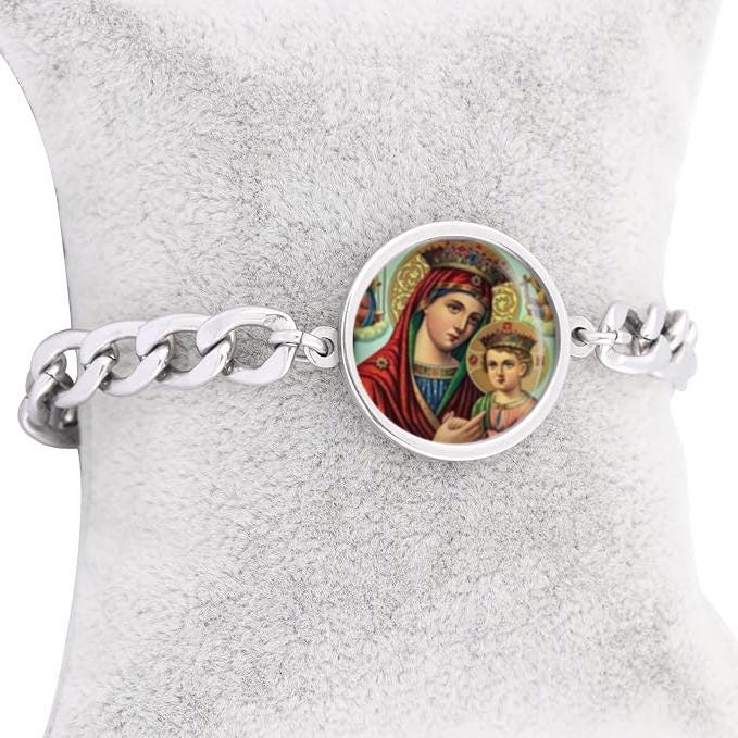Our Lady Perpetual Mary Curb Bracelet Gold or Silver tone Religious Jewelry Simple Chain
