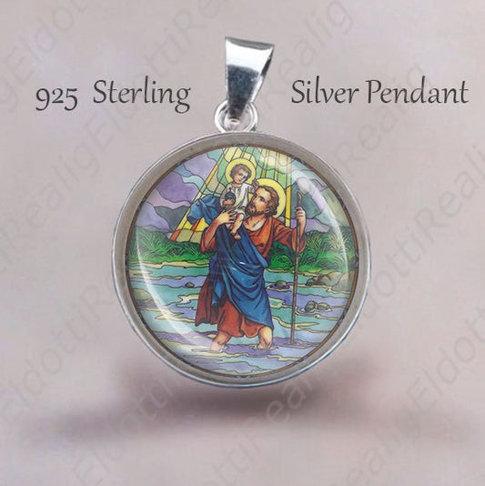 St. Christopher Religious Christian Pendant.  Sterling Silver 925 Pendant 20mm. Travelers Saint Silver Medallion Necklace
