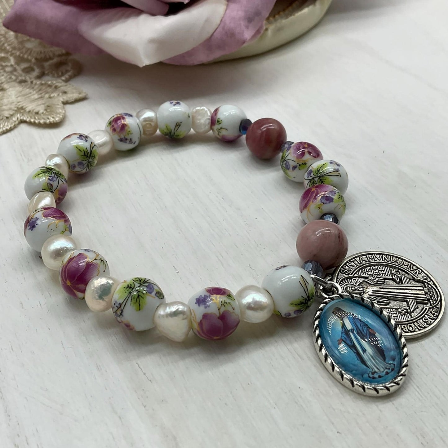 Decade Catholic rosary bracelet Our Lady of Grace medal, St Benedict Charm | Ceramic Beads and Pearls | Catholic gift | Catholic jewelry