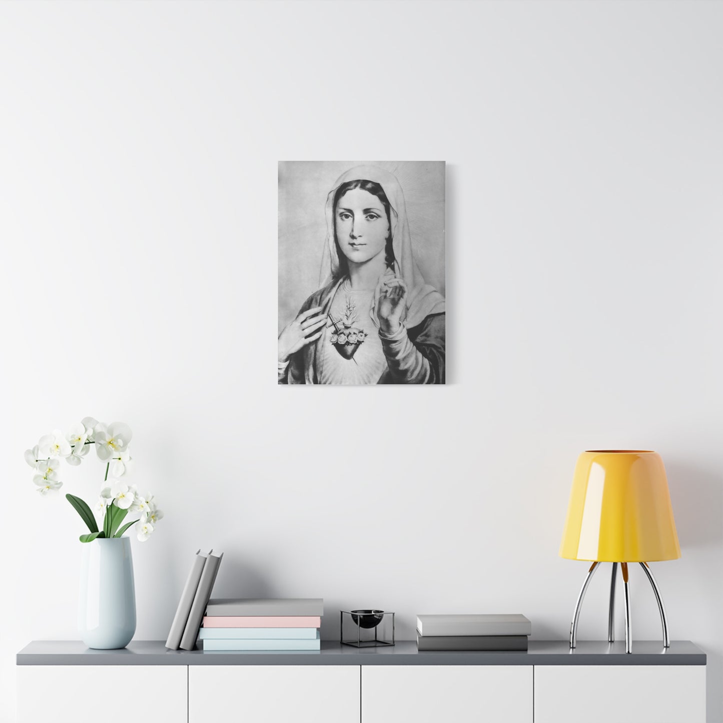 Ready To Hang - Black and White Mother Mary Immaculate Heart Catholic Canvas Wall Art, Christian Decor