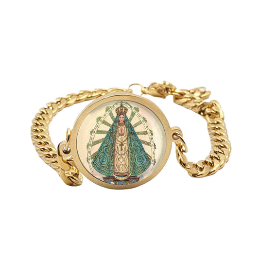 Our Lady of Lujan Mary Curb Bracelet Gold or Silver tone Religious Jewelry Simple Chain