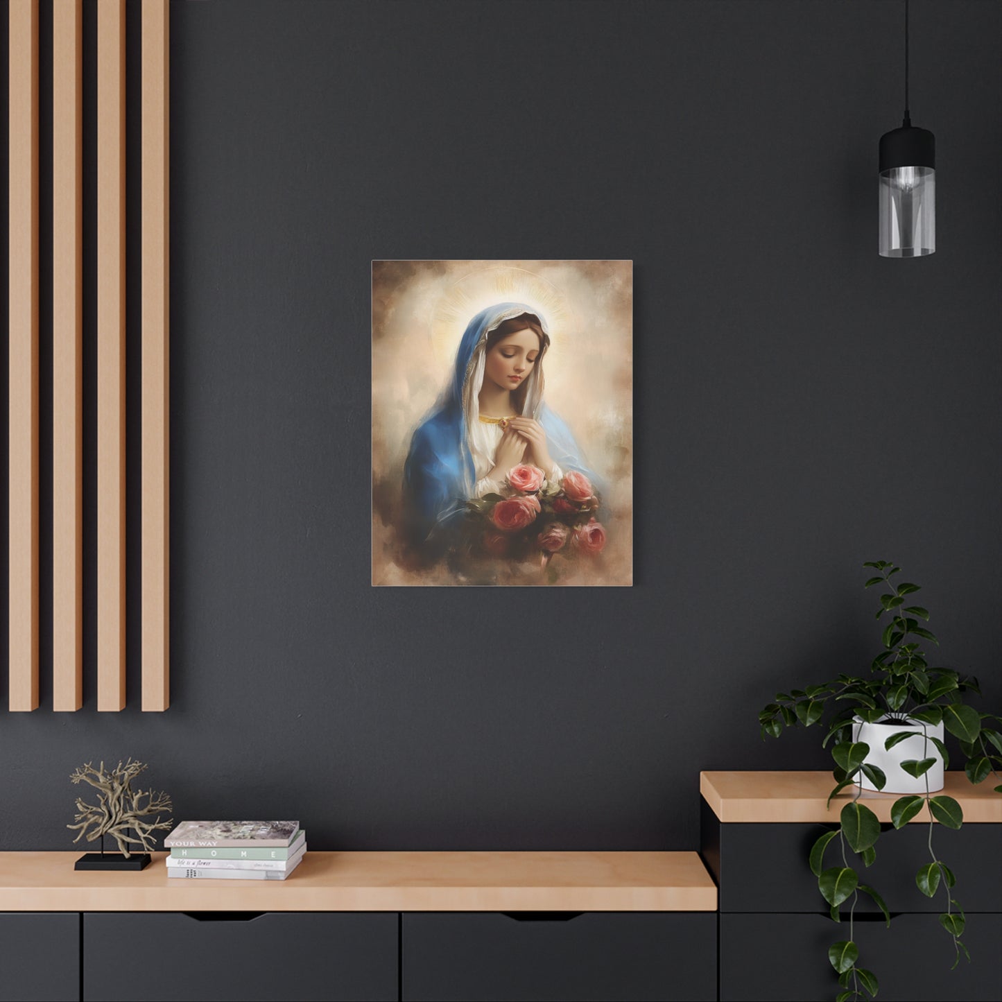 Mother Mary with Roses Catholic Canvas Wall Art, Christian Decor
