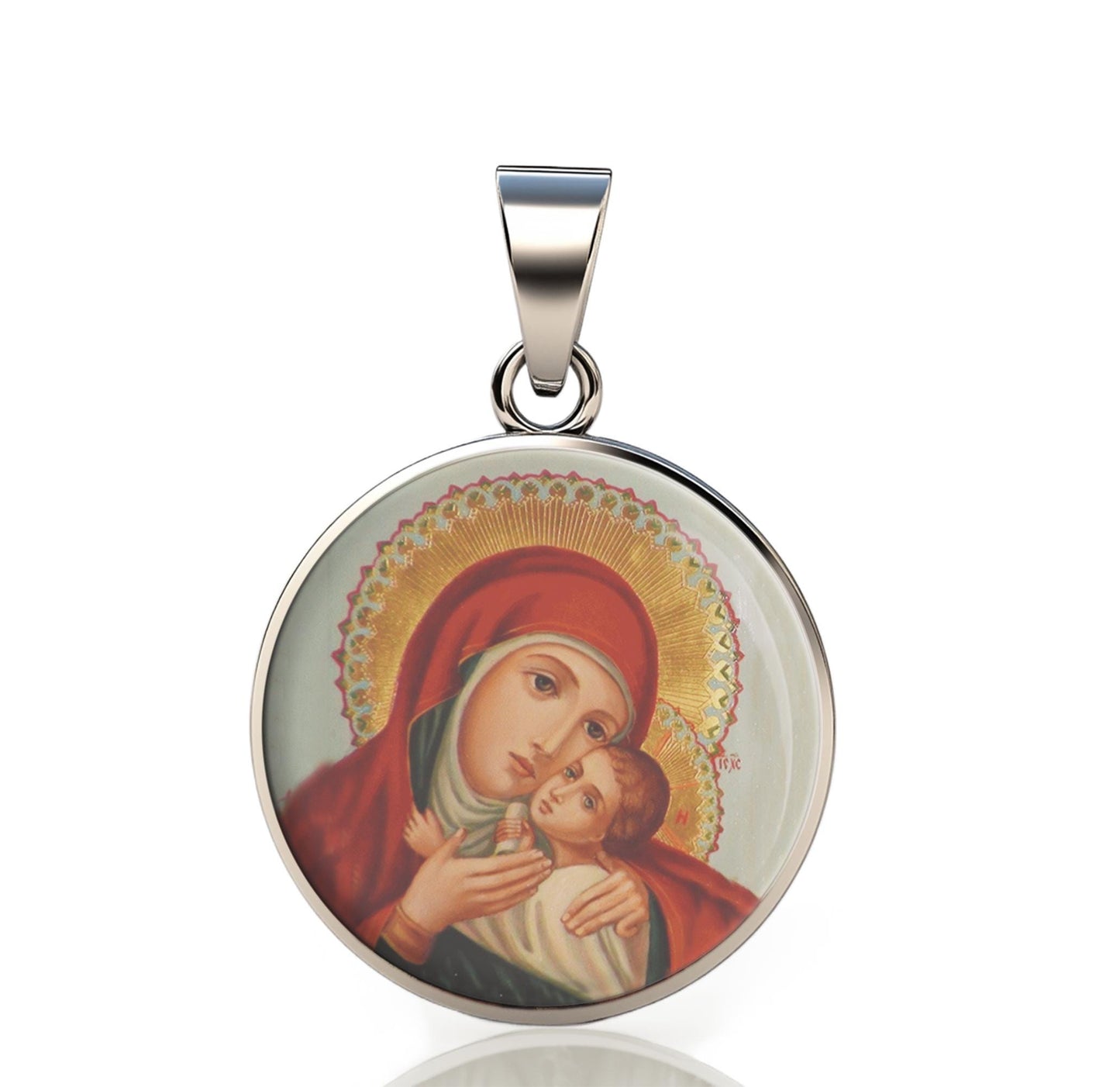 Our Lady Korsun 925 Sterling Silver Round Pendant Christian Religious Medal Small 20mm
