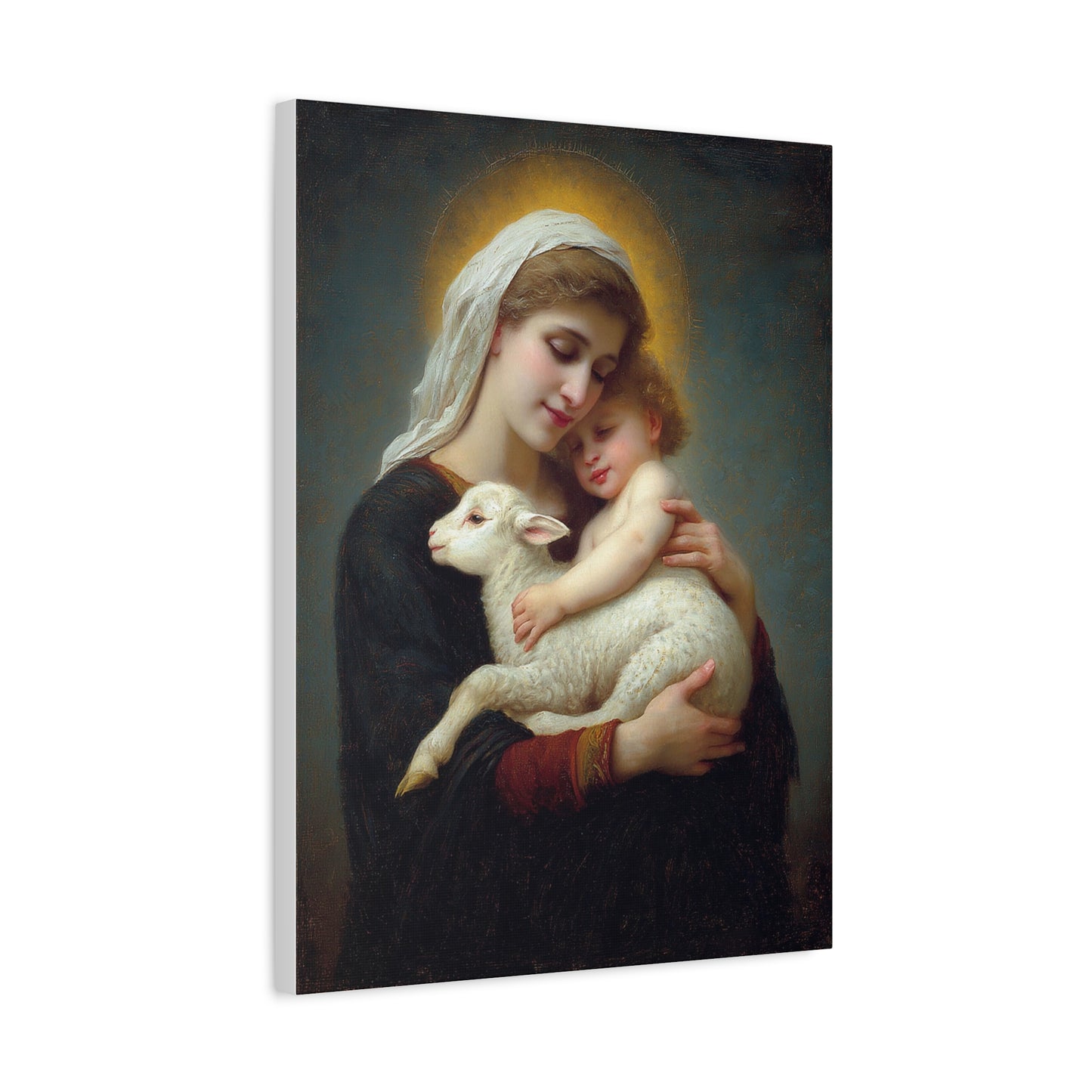 Mother Mary with Baby Jesus and Lamb Catholic Canvas Wall Art, Christian Decor