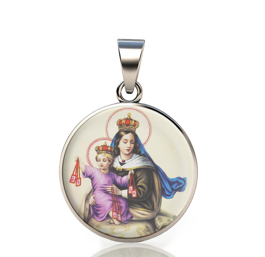 Our Lady Carmel 925 Sterling Silver Round Pendant Christian Religious Medal Small 20mm