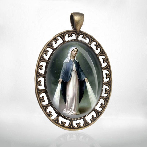 Our Lady of Miraculous Virgin Mary Dark Tone Catholic Medal Pendant Bronze Oval Religious Jewelry
