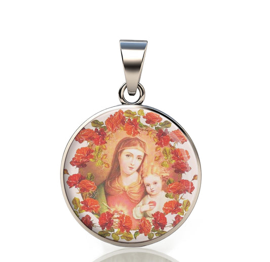 Our Lady Mary And Baby Jesus With Roses 925 Sterling Silver Round Pendant Christian Religious Medal Small 20mm