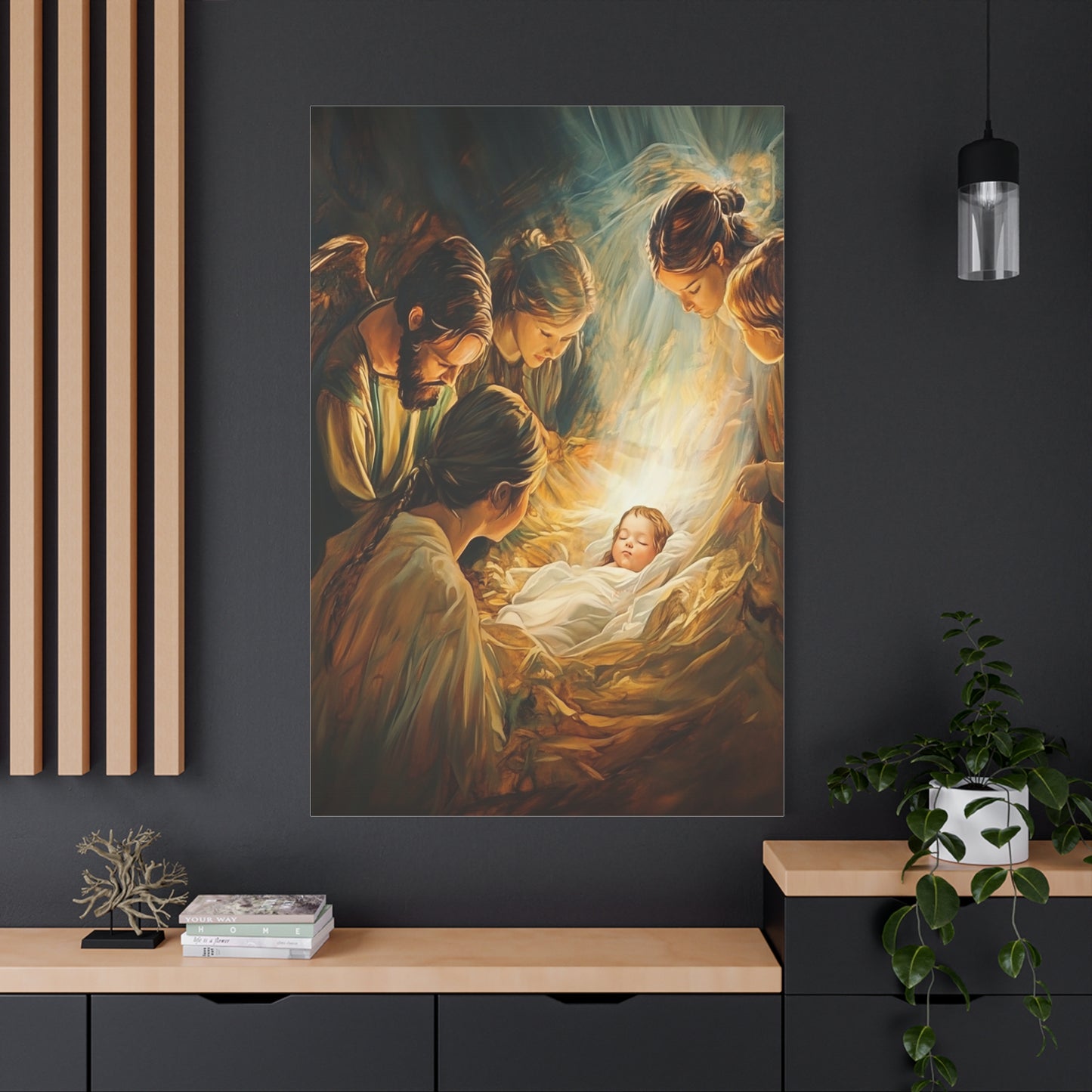 Jesus Nativity w Angels Catholic Canvas Wall Art, Christian Decor