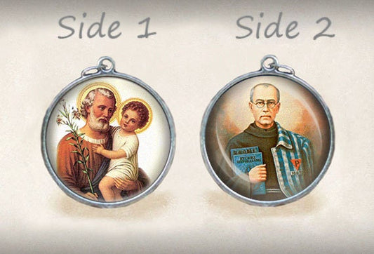 St Joseph / St Maximilian Kolbe Christian Catholic Medal Pendant / Charm Double Sided. Two Sided Reversible Medal.
