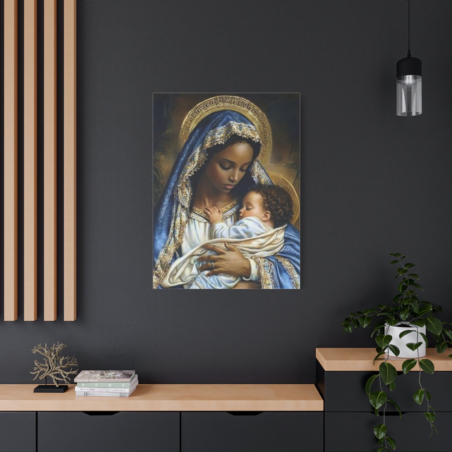 Black Mary African Mother with Baby Jesus Catholic Canvas Wall Art, Christian Decor