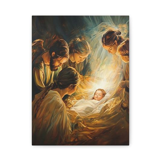 Jesus Nativity w Angels Catholic Canvas Wall Art, Christian Decor