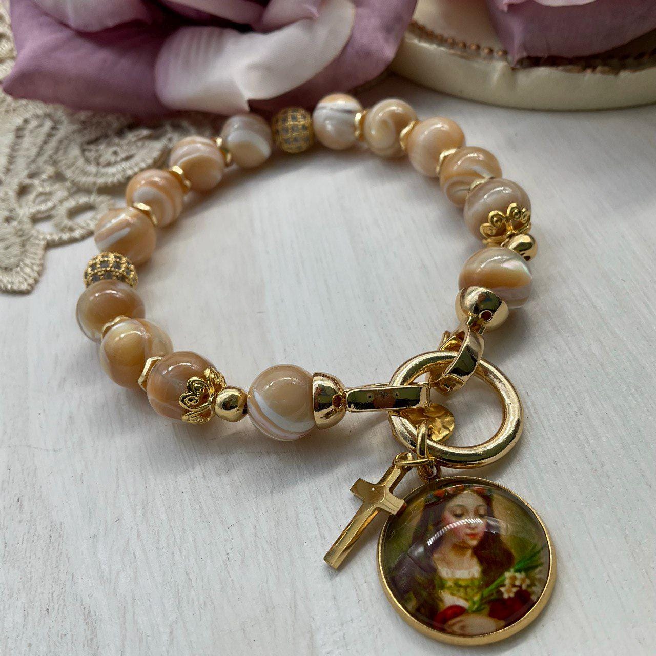 St Philomena Catholic Bracelet | Trochus Shell Stones Jewelry | Catholic Bracelet Premium Quality
