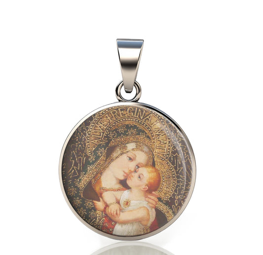 Our Lady Mary Icon 925 Sterling Silver Round Pendant Christian Religious Medal Small 20mm