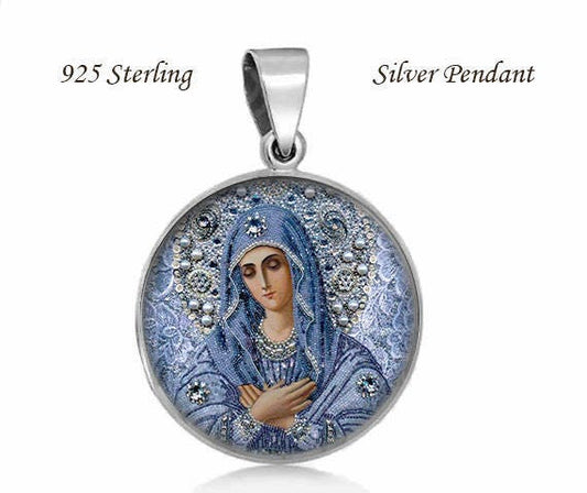 Mother Mary in Blue Dress and Beads 925 Sterling Silver Pendant