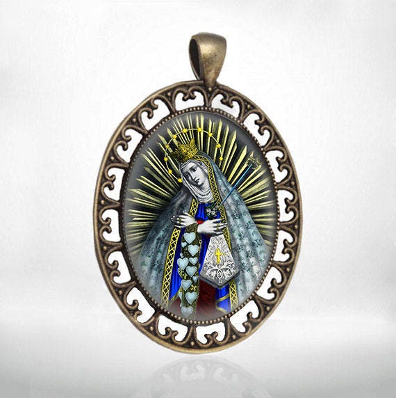 Our Sorrowful Mother the Seven Sorrows Virgin Mary Medal Bronze Tone Christian Catholic