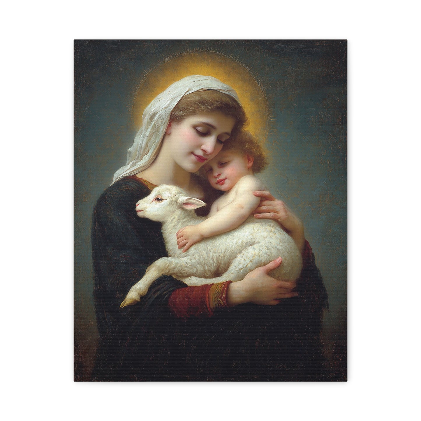 Mother Mary with Baby Jesus and Lamb Catholic Canvas Wall Art, Christian Decor