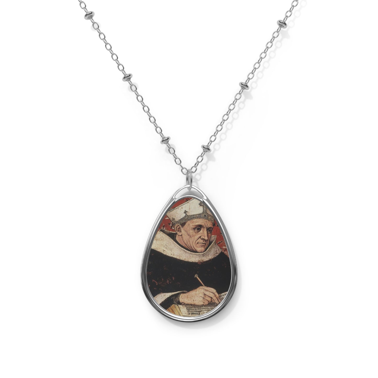 albertus Magnus Necklace Drop Oval Pendant Silver Tone Medal