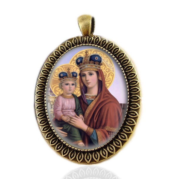 Blessed Virgin Mary and Baby Jesus w Crown - Catholic Medal Religious Jewelry Pendant