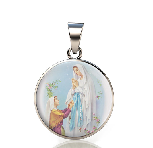 Our Lady Lourdes 925 Sterling Silver Round Pendant Christian Religious Medal Small 20mm