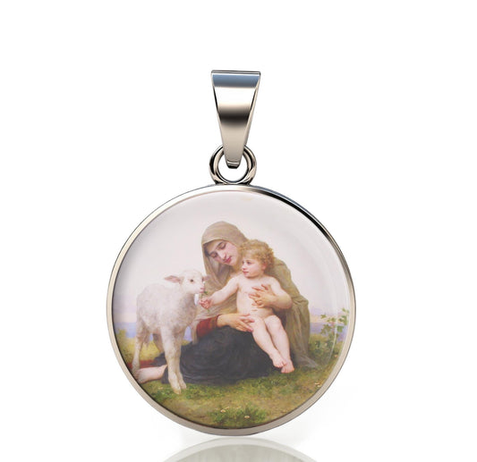 Our Lady Lamb 925 Sterling Silver Round Pendant Christian Religious Medal Small 20mm