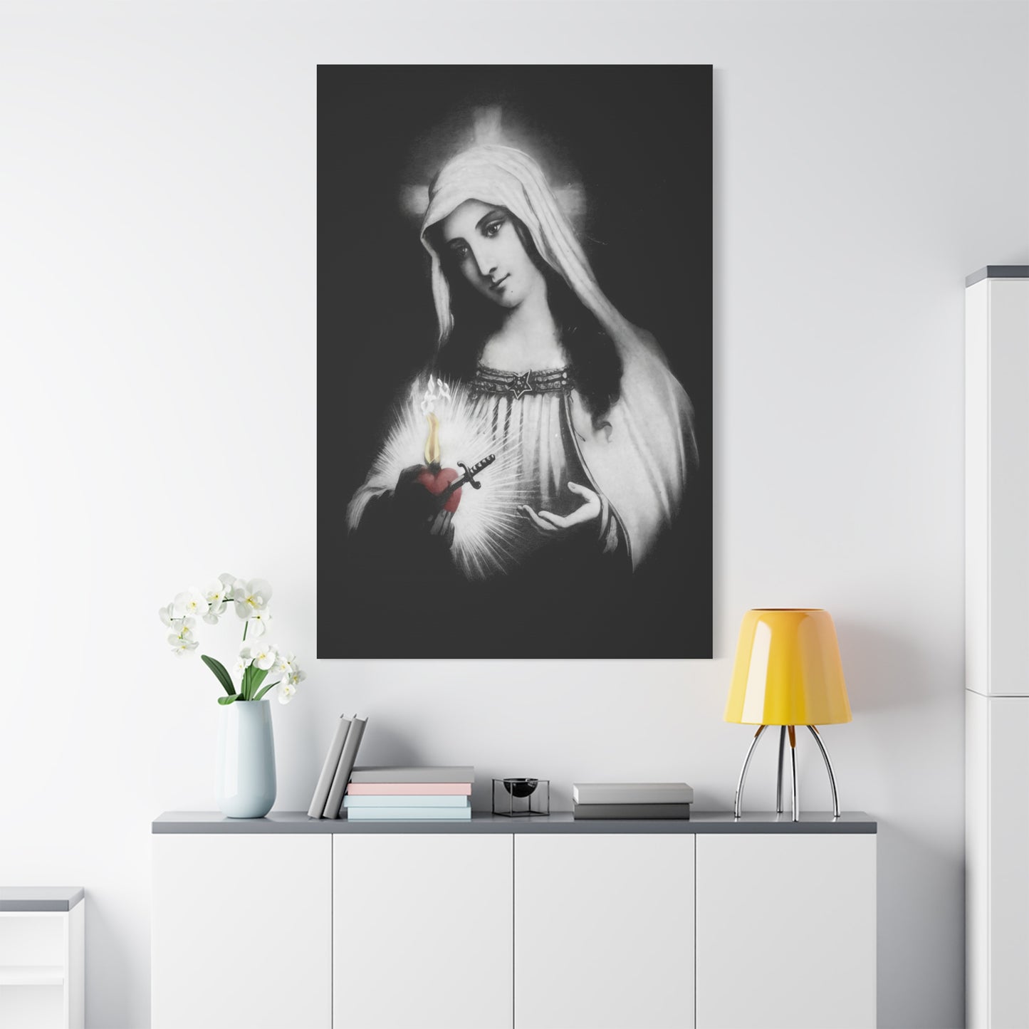 Ready To Hang - Mother Mary Immaculate Heart Catholic Sorrowful Mary Canvas Wall Art, Christian Decor Black and White