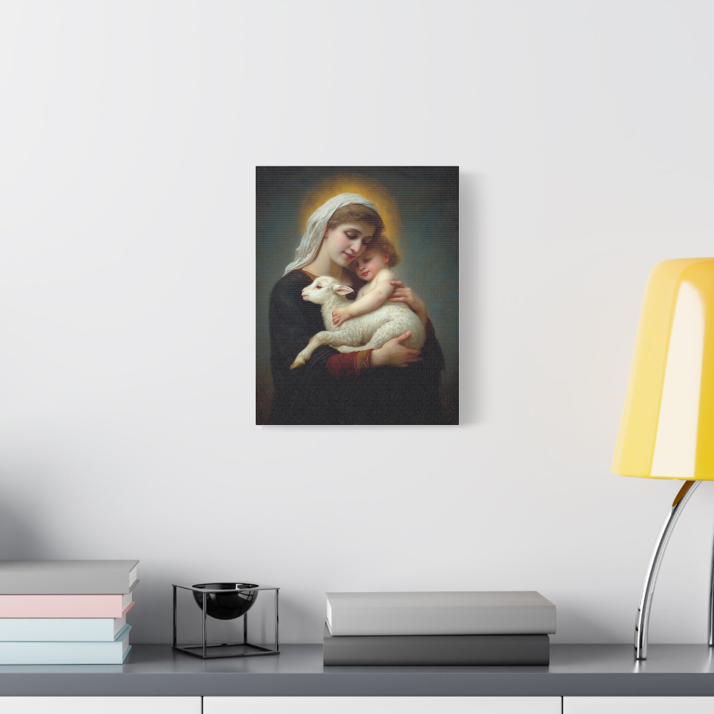 Mother Mary with Baby Jesus and Lamb Catholic Canvas Wall Art, Christian Decor