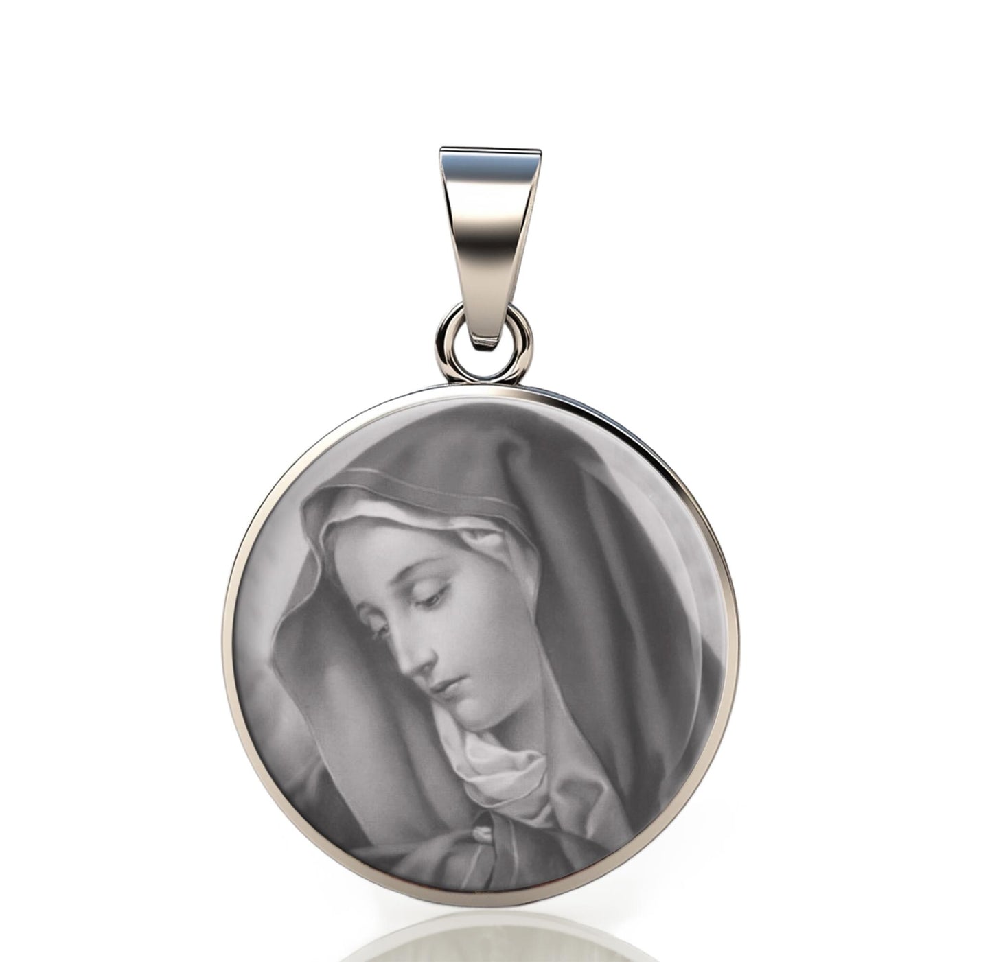 Our Lady Sorrows Black Mother Mary 925 Sterling Silver Round Pendant Christian Religious Medal Small 20mm