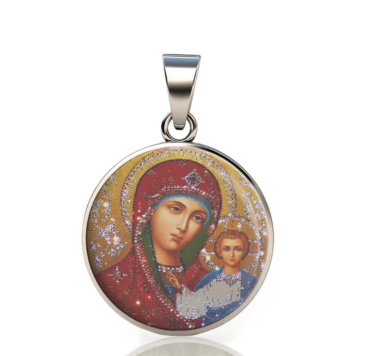 Our Lady Mary Theotokos In Red 925 Sterling Silver Round Pendant Christian Religious Medal Small 20mm