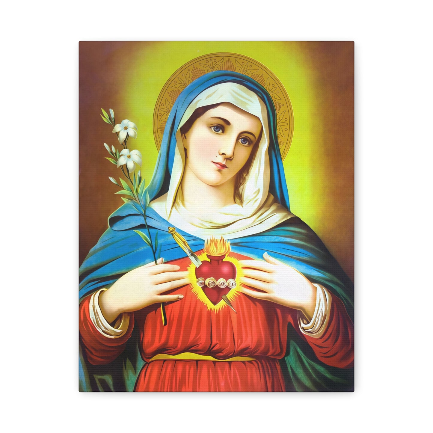 Ready To Hang - Mother Mary Immaculate Heart and Lilies Catholic Canvas Wall Art, Christian Decor